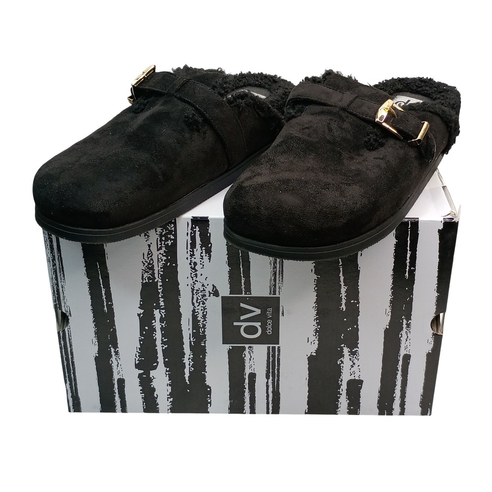 DV‎ Dolce Vita Black Faux Suede Clogs Women Size 8 Shearling Lined Buckle Mules